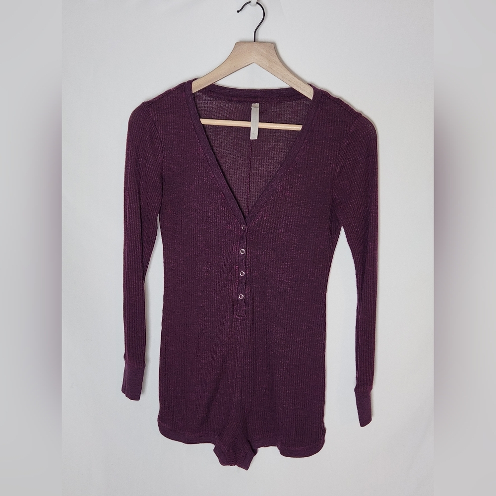 Pajama Romper Ribbed Purple Maroon Raisin Small With Snaps